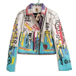 NEW! Graphic Print Moto Jacket Sz XL Silver Punk Rocker Graffiti‎ Bold Edgy Art